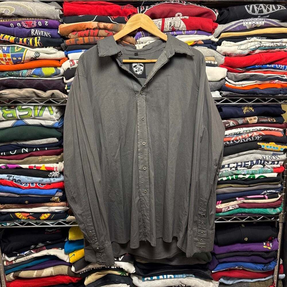 Black Hearts Brigade Men's 2XL Grey Striped Long Sleeve Button Down Shirt with B